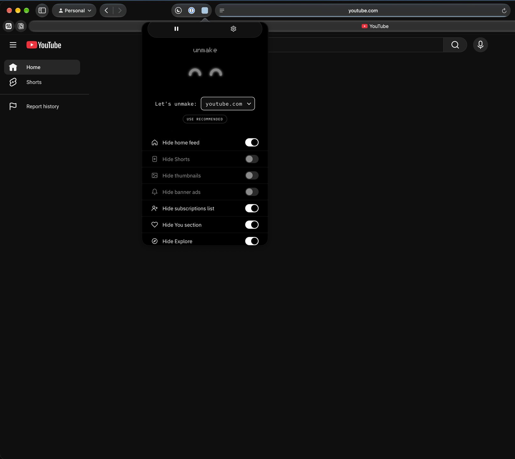 unmake popover open on youtube.com in Safari on Mac